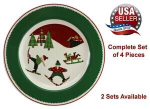4 Pc Target Home Christmas Dinner Plate Winter Skiers & Sledder •11" Plaid Quilt